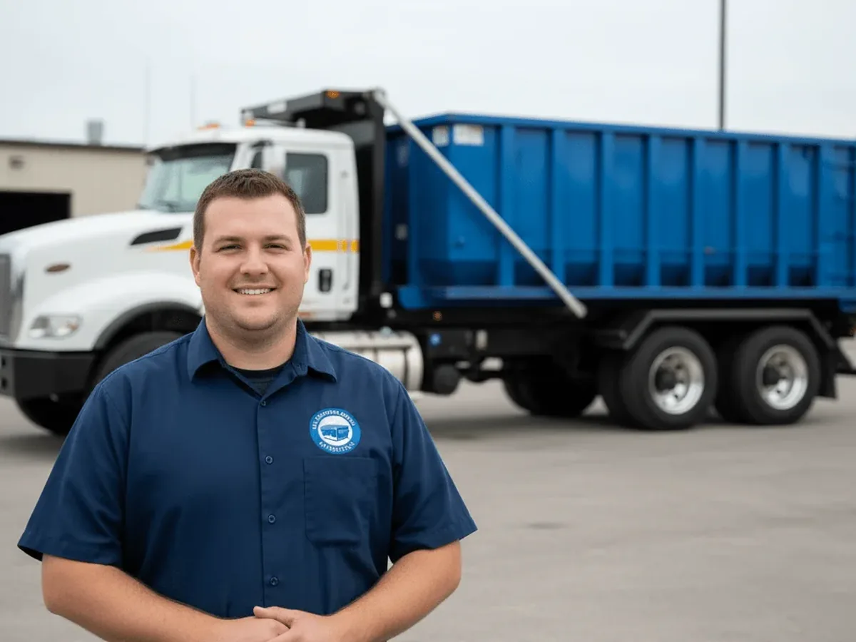 The GVL Dumpster Rental Gainesville crew with a roll-off truck and container in Gainesville, FL